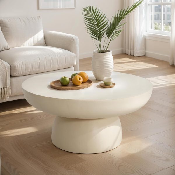 27.5" Round Coffee Table, Modern Indoor Outdoor Center Table, No Assembly Required Lightweight Concrete Side Tables, Weather-Resistant Accent Tables for Living Room, Patio, Garden, White