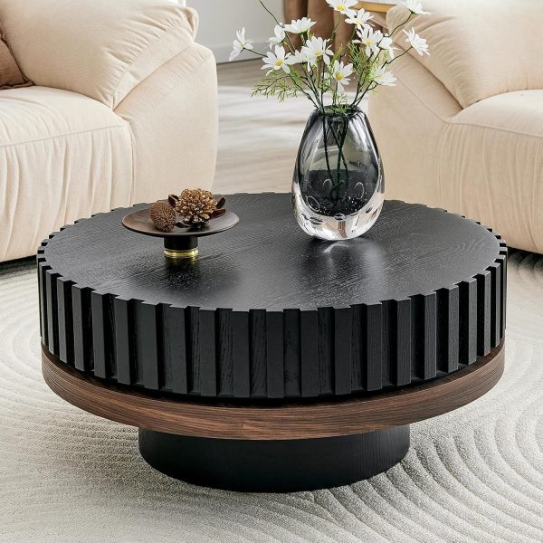 31.5" Fluted Drum Coffee Table, Round Coffee Table with Black Walnut Accent & Textured Base, Easy Assembly, Mid-Century Modern Wood Veneer Center Table for Living Room, Apartment, Office