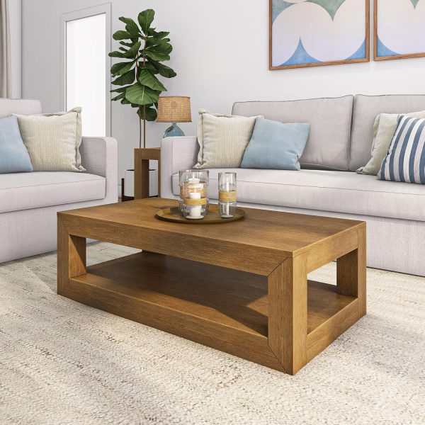 48" Modern Rectangular Coffee Table with Shelf, Solid Pine Wood Living Room Center Table with Storage, Pecan Wirebrush Finish