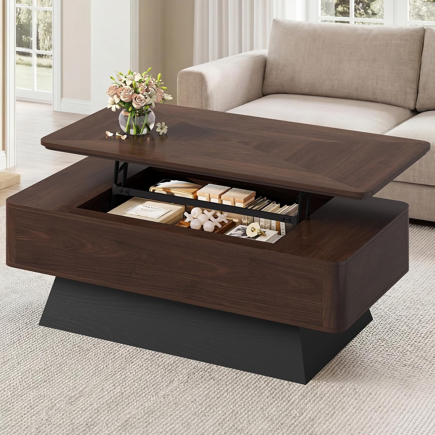 81qWUWfX9L._AC_SL1500_.jpg 47.2" Lift Top Coffee Table with Storage, Modern Walnut Square Coffee Table with Large Hidden Storage Compartment for Living Room, Brown & Black - Image 1