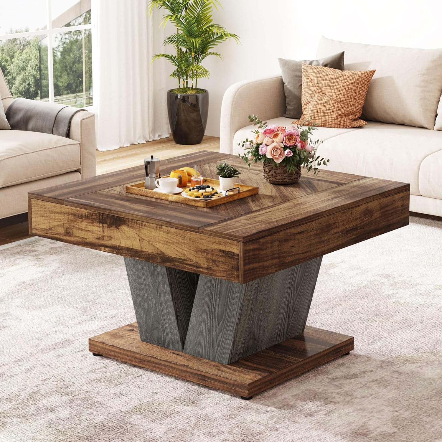 81qmIVcqFL._AC_SL1500_.jpg Square Coffee Table, Wood Center Table for Living Room, 31.5" Modern Cocktail Tea Accent Table, Rustic Brown & Black - Image 1