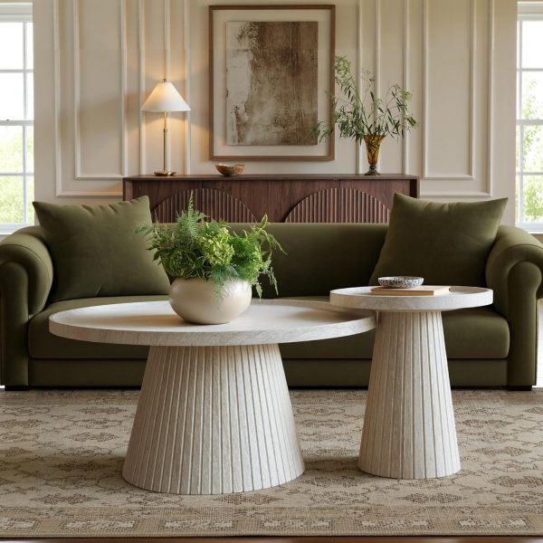 Nesting Coffee Table Set of 2, Modern Fluted Coffee Table with Faux Stone Veneer, Travertine Round Tea Table and End Table Set, Minimalist Center Tables for Living Room, Office, Stone