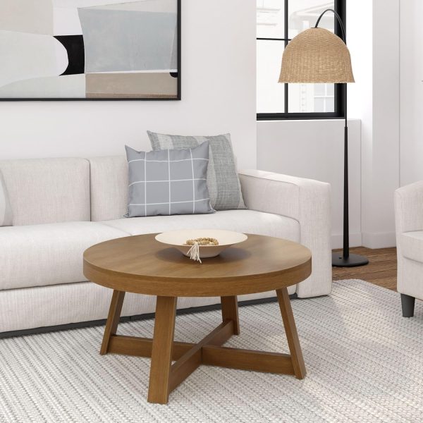 Classic Round Coffee Table, 36" Farmhouse Coffee Table, Mini Center Tables for Small Spaces, Small Living Space Tea Table, Pecan Wirebrush