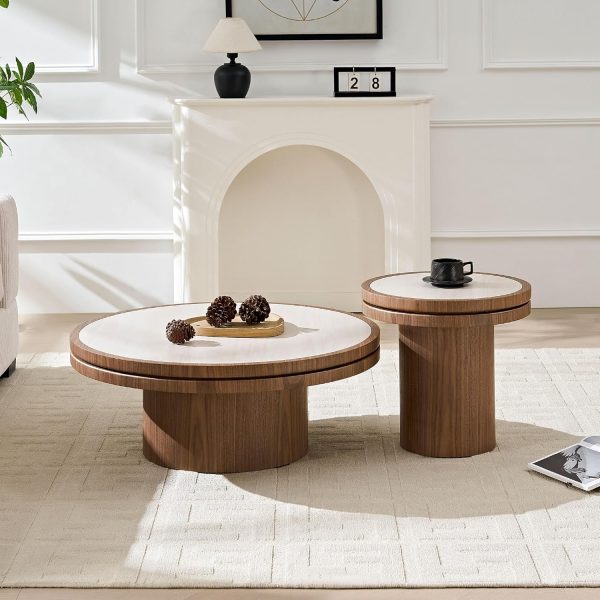 Round Nesting Coffee Table with Sintered Stone Tabletop, Mid Century Modern Coffee Table and End Table Set, 2-Piece Coffee Tables with Sturdy Pedestal for Living Room (Walnut, 35.43''+19.49'')