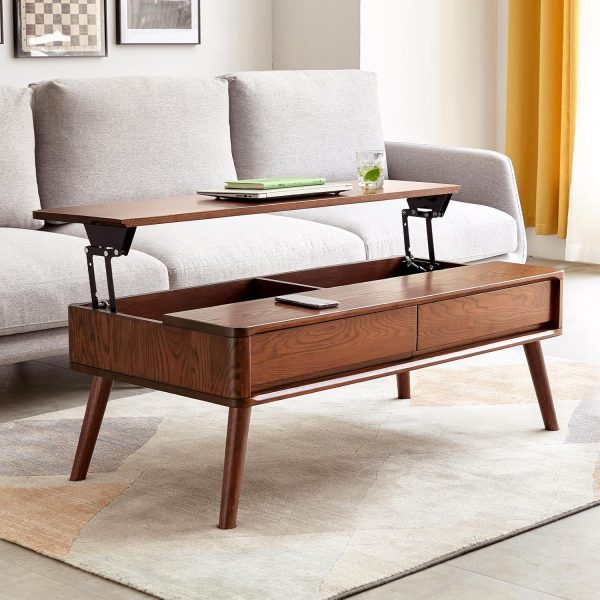 Solid Oak Wood Lift Top Coffee Table for Living Room, Mid Century Modern Tables with Drawers and Large Storage, Coffee Tables for Small  (Oak Walnut Color, 39.37" W x 21.65" D x 25.59" H)