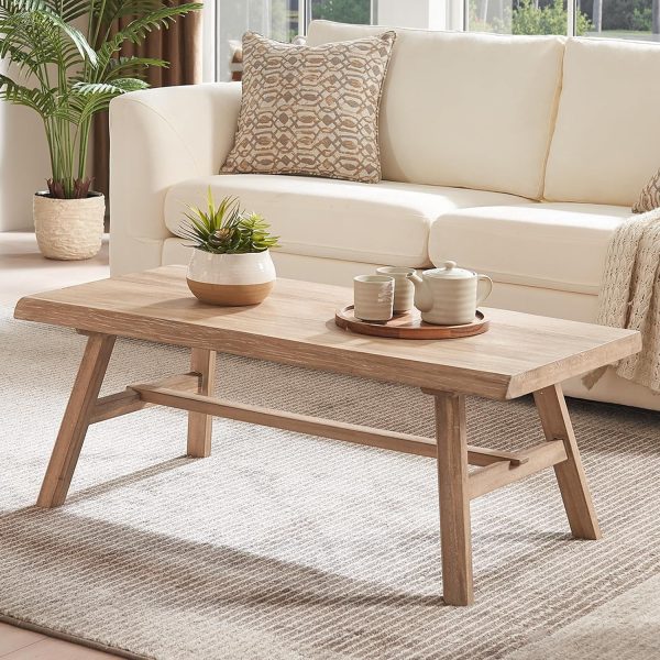 43" Farmhouse Solid Wood Coffee Table, Rustic Rectangular Center Table for Living Room, Natural