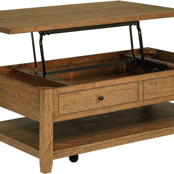 Wood - Lift-Top Coffee Table with Hidden Storage, Coastal Style, Lower Shelf and Built-in Casters - Living Room - Distressed Brown