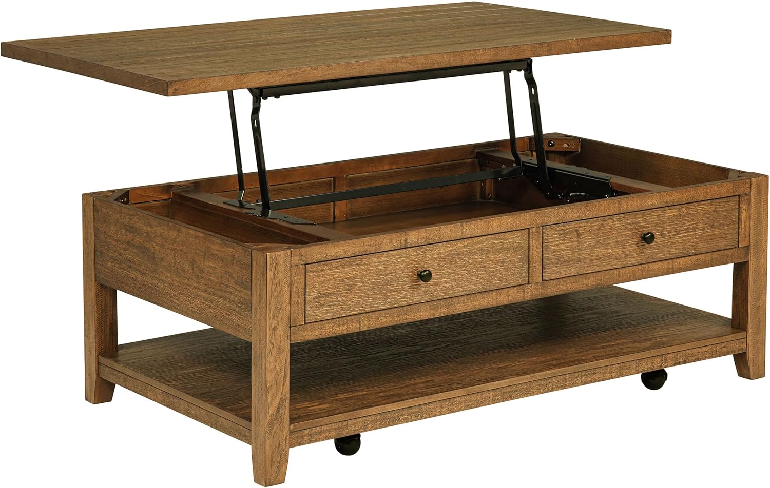 81vcTtUsOiL._AC_SL1500_.jpg Wood - Lift-Top Coffee Table with Hidden Storage, Coastal Style, Lower Shelf and Built-in Casters - Living Room - Distressed Brown - Image 1