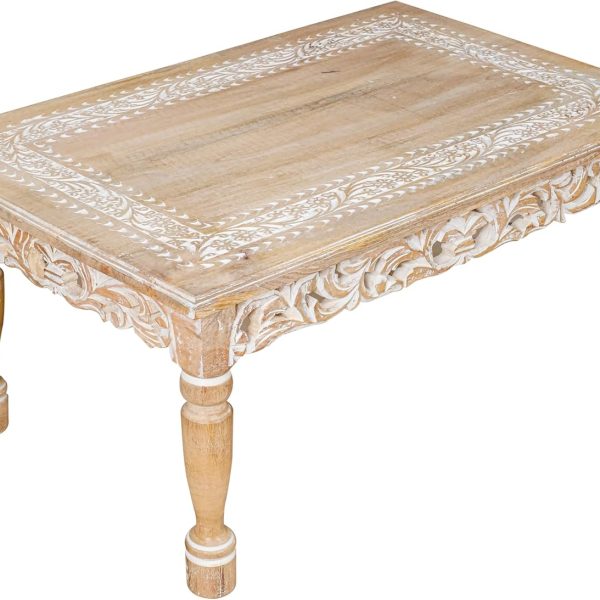 Rectangular Wooden Coffee Table 36x24x18 Inch – Beige Finish with Cutwork Jali Carving, Rustic Farmhouse Style, Mid-Century Modern Living Room Furniture