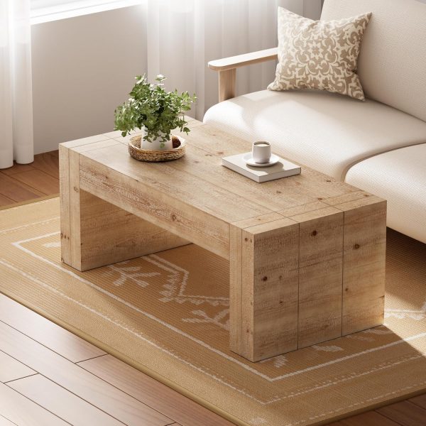 Modern Rustic Wood Coffee Table with Thick Legs, Rectangular Living Room Center Table, Natural Finish Design, Sturdy Farmhouse Style for Home Decor, Office, Brown