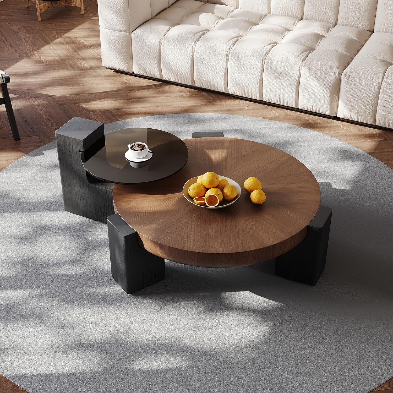 91J-9NtpUL._AC_SL1500_.jpg Modern Coffee Table Set with Side Table, Walnut Wood Nesting Coffee Table with Black Legs, Round Living Room Table for Home Office, 35.43"+19.69" - Image 1