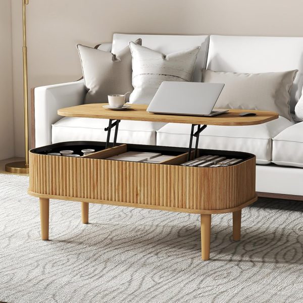 Fluted Lift Top Coffee Table with Hidden Storage, Oval Coffee Table with Lifting Top, Mid Century Modern Design for Living Room, Office & Small (Natural)