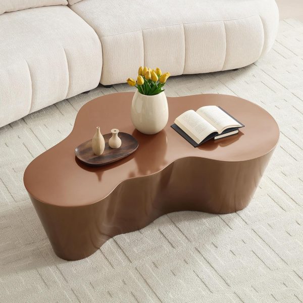 50" Fiberglass Unique Shape Coffee Table, Mid-Century Modern Style Irregular Synthetic Resins Sturdy Coffee Table, No Assembly Required, for Living Room, Bedroom, Reception Room, Brown
