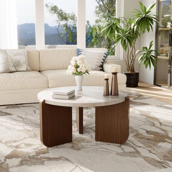 31.5" Round Coffee Table, Faux Marble Tabletop with Walnut Wood Grain Legs, Modern Minimalist Center Table for Living Room, Waterproof & Easy Assembly, Off-White