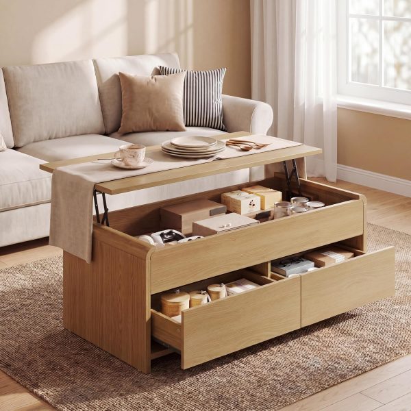 Coffee Table Lift Top with 2 Drawers, 40 Inch Multi-Function Coffee Table with Hidden Compartment, Curved Profile Design, Converts to Home Office Table for Living Room, Natural