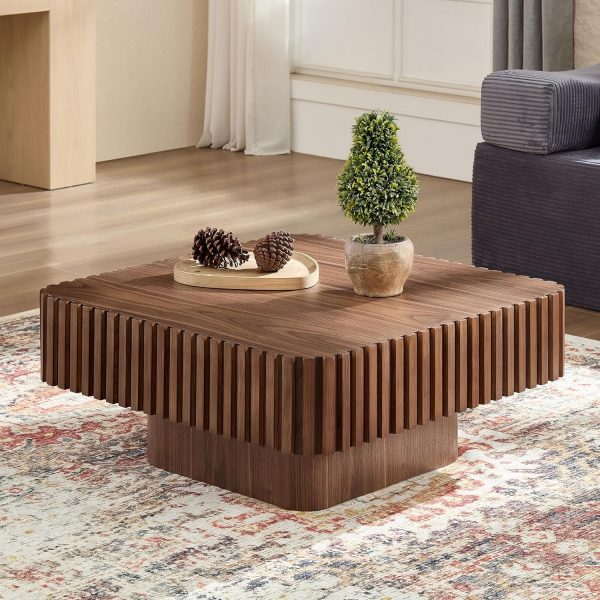 35.43" Square Coffee Table with Sturdy Base, Modern Luxury Wood Drum Center Table Accent End Side Table for Living Room, Minimalist Fluted Design, Walnut