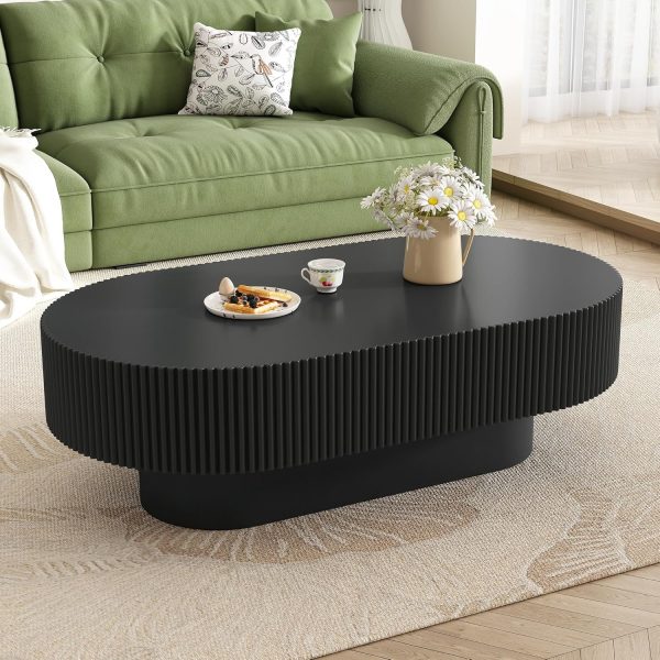 Modern Oval Coffee Table with Sturdy Base, Wood Minimalist Fluted Center Tables for Living Room Reception Room, Easy Assemble,Black