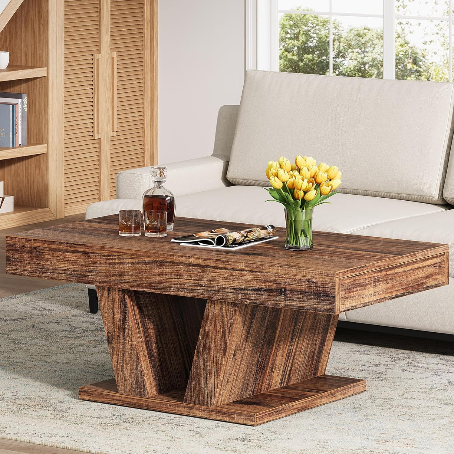 91THb0EPmDL._AC_SL1500_.jpg Farmhouse Coffee Table with 2 Side Drawers, 43 inch Wood Center Tea Table with Hidden Storage, Rectangle Cocktail Table for Living Room, Office, Small Space, Brown - Image 1