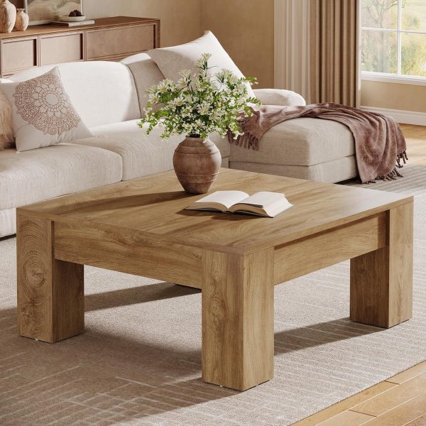 Farmhouse Square Coffee Table, 39-Inch Wooden Coffee Table with Sturdy Legs, Rustic Accent Center Table for Living Room, Easy Assembly, Light Brown