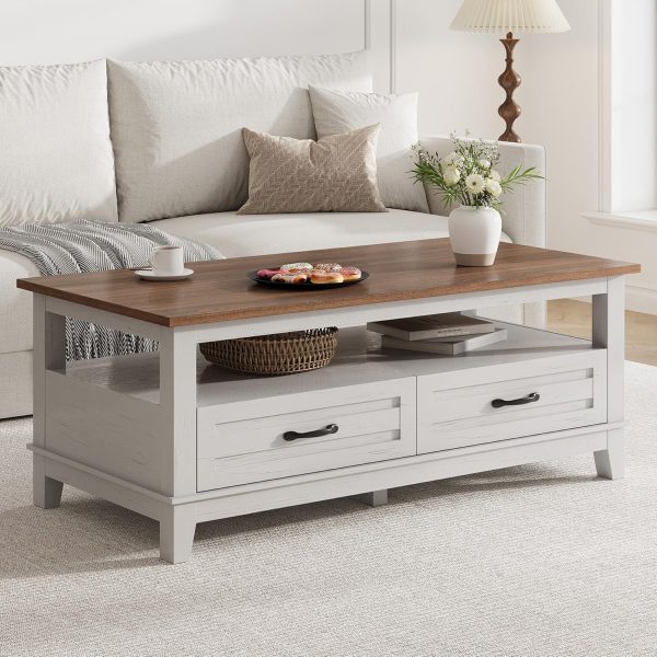 Farmhouse Coffee Table with Drawers, 47.2 in Center Table Rustic Coffee Tables White Brown Living Room Table, with Open Shelf and 6 Support Legs