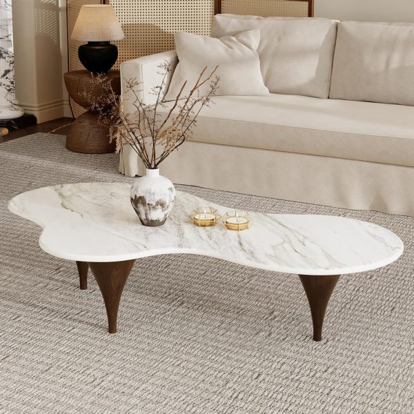54.7" Irregular Modern Coffee Table Unique Wave-Shaped Design, Sintered Stone Living Room Table with Wood-Like Texture Metal Legs, Easy Assembly Cloud Tea Table for Living Room, Bedroom