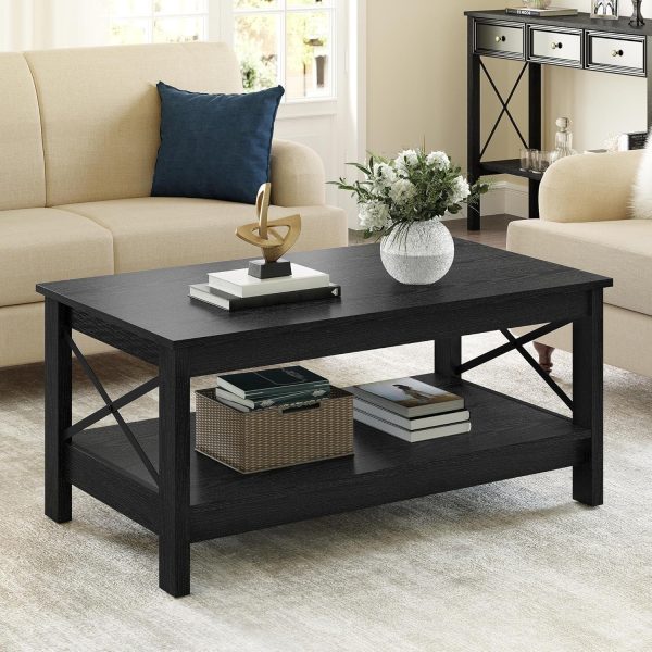 Coffee Table for Living Room, Modern Farmhouse Coffee Table with Storage, 2-Tier Center Table Wood Living Room Table Accent Cocktail with Sturdy Frame, Black