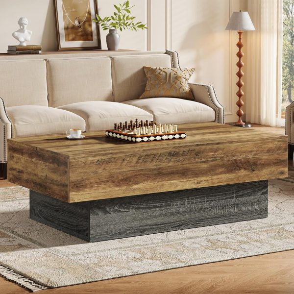 55-Inch Farmhouse Wood Coffee Table, Rustic Large Rectangle Tea Table, Vintage Center Table for Living Room, Office Reception, Rustic Brown & Grey