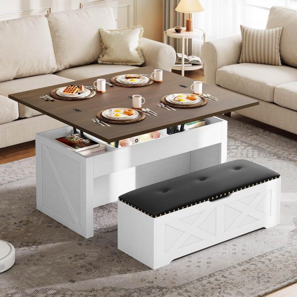 Lift Top Coffee Table Set with Storage Ottoman Bench & Wheels, 4 in 1 Convertible Dinning Center Tables with Hidden Compartment, Farmhouse Coffee Tables for Living Room Furniture, Brown Top