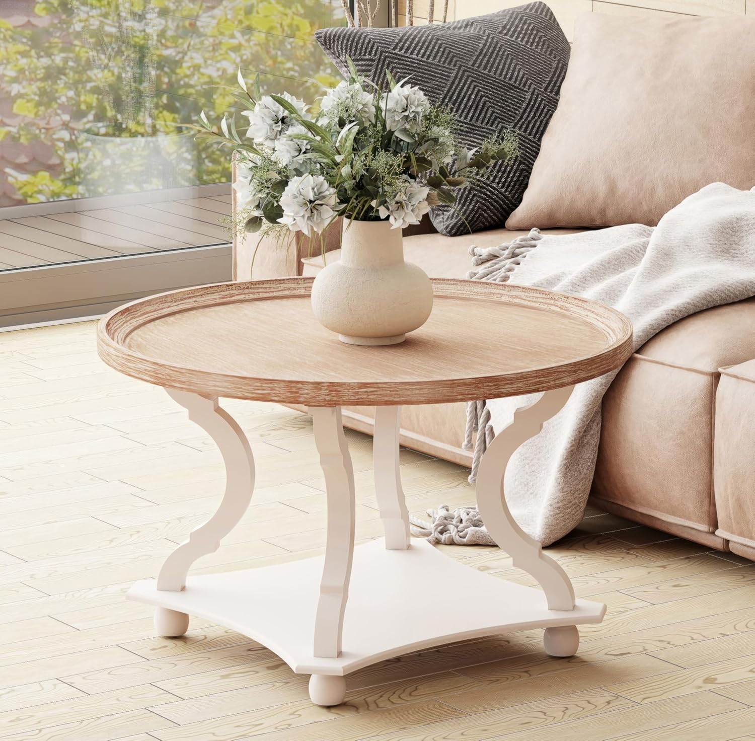 91wMwrOuwvL._AC_SL1500_.jpg Round Farmhouse Coffee Table with Handmade Finish, Wood Tray Top Rustic Coffee Table for Added Thickness, Accent Table with Storage for Living Room, Small Place, White, Circle - Image 1